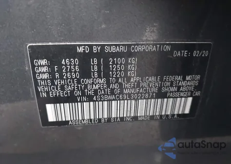 2020 Subaru Legacy Premium from USA, damaged, VIN 4S3BWAC69L3022871